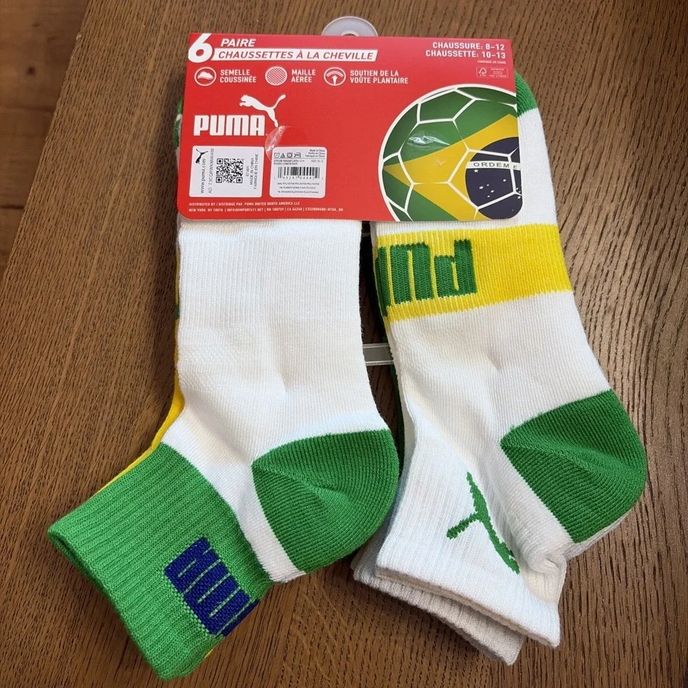 Puma Men's World Cup Soccer Quarter Crew Brasil Brazil Soccer Socks 6 Pair - New